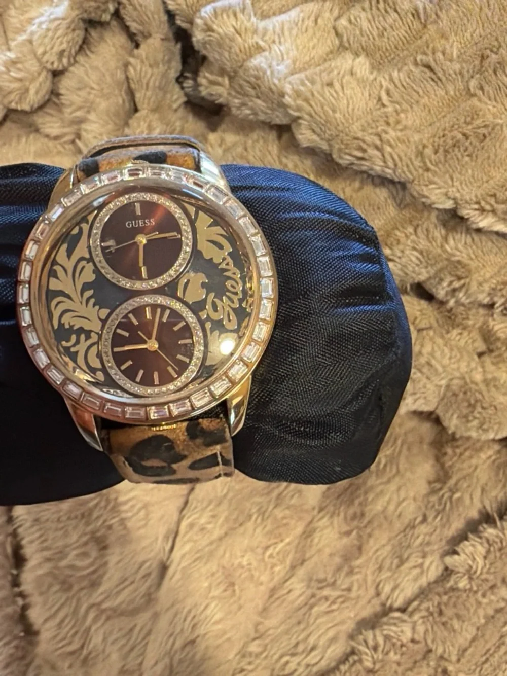 GUESS Gold-Tone Dual Dial Watch with Brown Patterned Strap